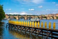 Art object march of yellow penguins. Weird art statues of Prague Royalty Free Stock Photo