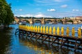 Art object march of yellow penguins. Weird art statues of Prague