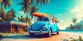 travel beach retro vintage trip vacation summer road tropical car. Generative AI. Royalty Free Stock Photo