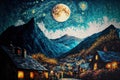 Art oil painting moon mountain village, hand drawn & artistic