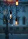 Art Ornamental light bulb lit up and hanging in the window