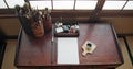 Art, paint brush and painting tool for painter, calligraphy and drawing at a desk for creative work. Sketch paper