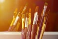 Art paint brushes in cup are located in the children& x27;s entertain Royalty Free Stock Photo