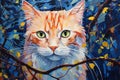 Art painting Acrylic color of cat in the forest, Beautiful animal portrait, Postimpressionism cat, AI Generated