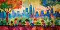 Art painting of kids playing in park with city skyline as background Royalty Free Stock Photo