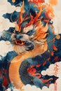 Art painting of a fiery dragon in orange and electric blue, surrounded by clouds