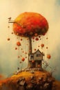 art painting of house and tree - Generative AI Royalty Free Stock Photo