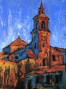 Art painting of the Iglesia parroquial de San Pedro Apstolo in Alba de Tormes city, Spain Royalty Free Stock Photo