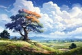 Art painting, lone tree against mountains with clouds