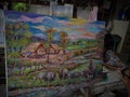 Art painting Oil color Hut northeast Thailand Countryside