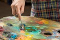 Art painting with palette knife. hand of the artist Royalty Free Stock Photo