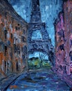 Art painting of Paris street with Eiffel Tower. Royalty Free Stock Photo