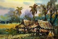 Art painting water color Hut northeast Thailand Countryside