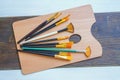 Art palette and different artistic paintbrushes Royalty Free Stock Photo