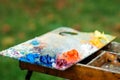 Art palette on nature blured background. Artist paints a picture of oil paints. Dirty art palette. Primary acrylic colors. Art