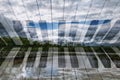 Art photo double exposure with piano keys and landscape with thunderclouds