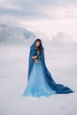 Art photo. Fantasy young woman fairy elf in blue cape with hood stands in cold wind. Winter nature background, mountains