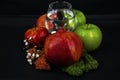 Art photo glass of water red and green apples moss of different colors on a black background 2 Royalty Free Stock Photo