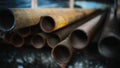 Art photo of long metal pipes in perspective with a blurry background with beautiful natural light Royalty Free Stock Photo