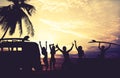 Art photo styles of silhouette surfer party on beach at sunset