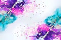 art photography of abstract fluid art painting with alcohol ink blue, purple, pink, gold colors and crystal rhinestones Royalty Free Stock Photo