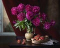 Still life with bouquet of peonies and strawberries Royalty Free Stock Photo