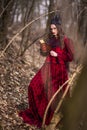 Art Photography. Mysterious Fairy Lady in Red Dress and Black Crown With Old Book. Posing in Forest Outdoors