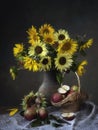 Still life with splendid bouquet of sunflowers