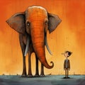 Humorous Caricature Illustration: Man Walking With Huge Elephant