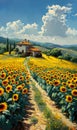 Art painting of sunflowers field with house in natural landscape Royalty Free Stock Photo
