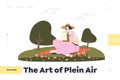 Art of plein air concept of landing page with young girl painting sitting on grass in park