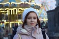 Art portrait of a beautiful girl in night city lights. Vogue fashion portrait of young woman with short dark hair. Royalty Free Stock Photo