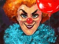 Hand drawn art portrait of an evil scary smiling clown with red nose, red wig and red balloon in hand