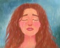 Art portrait of a girl crying and suffering, with her eyes closed in the rain. Emotional stress, pain, loss, betrayal and
