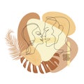 art portrait of kissing man and woman in one line against the background of boho elements Royalty Free Stock Photo