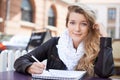 Art, portrait and woman drawing in the city in a notepad for a creative college assignment. Happy, smile and young Royalty Free Stock Photo