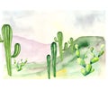 Art postcard depicting a green valley with cacti, horizon and hills of mountains in the distance. Watercolor illustration about na