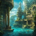 an art print of an ancient city surrounded by trees and ruins