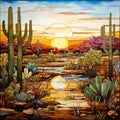 Saguaro Cactus Landscape Stained Glass Panel - Patrick Brown Style