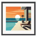 an art print of a pool and sun setting over the ocean Royalty Free Stock Photo