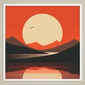 an art print of the sun setting over mountains and water Royalty Free Stock Photo