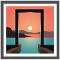 an art print of the sun setting over the water Royalty Free Stock Photo