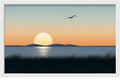 an art print of the sunset with a seagull flying over the water