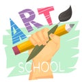 Art school concept. Hand holding big pencil and brush. Ready logo or banner for art lesson. Modern art. Vector illustration Royalty Free Stock Photo