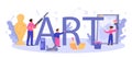 Art school education typographic header. Student holding art tools.