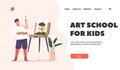 Art School for Kids Landing Page Template. Child Artist Stand with Palette and Bush front of Easel Painting Portrait