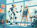 Art school. Robot teacher teaches students to paint. illustration. Generative AI