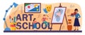 Art school typographic header. Student holding art tools learning how to draw Royalty Free Stock Photo