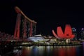Art Science Museum, Helix Bridge and Marina Bay Sands are red in the night Royalty Free Stock Photo