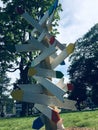 ART sculpture, colorful directional signs, red, green, yellow, blue..
